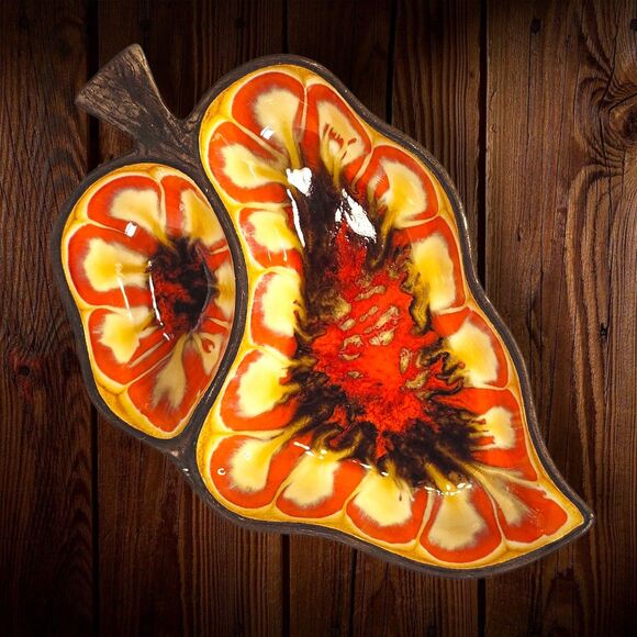 Vintage Treasure Craft 376 Leaf Chip & Dip Tray Orange Brown Glaze 1970s Decor - Picture 2 of 11